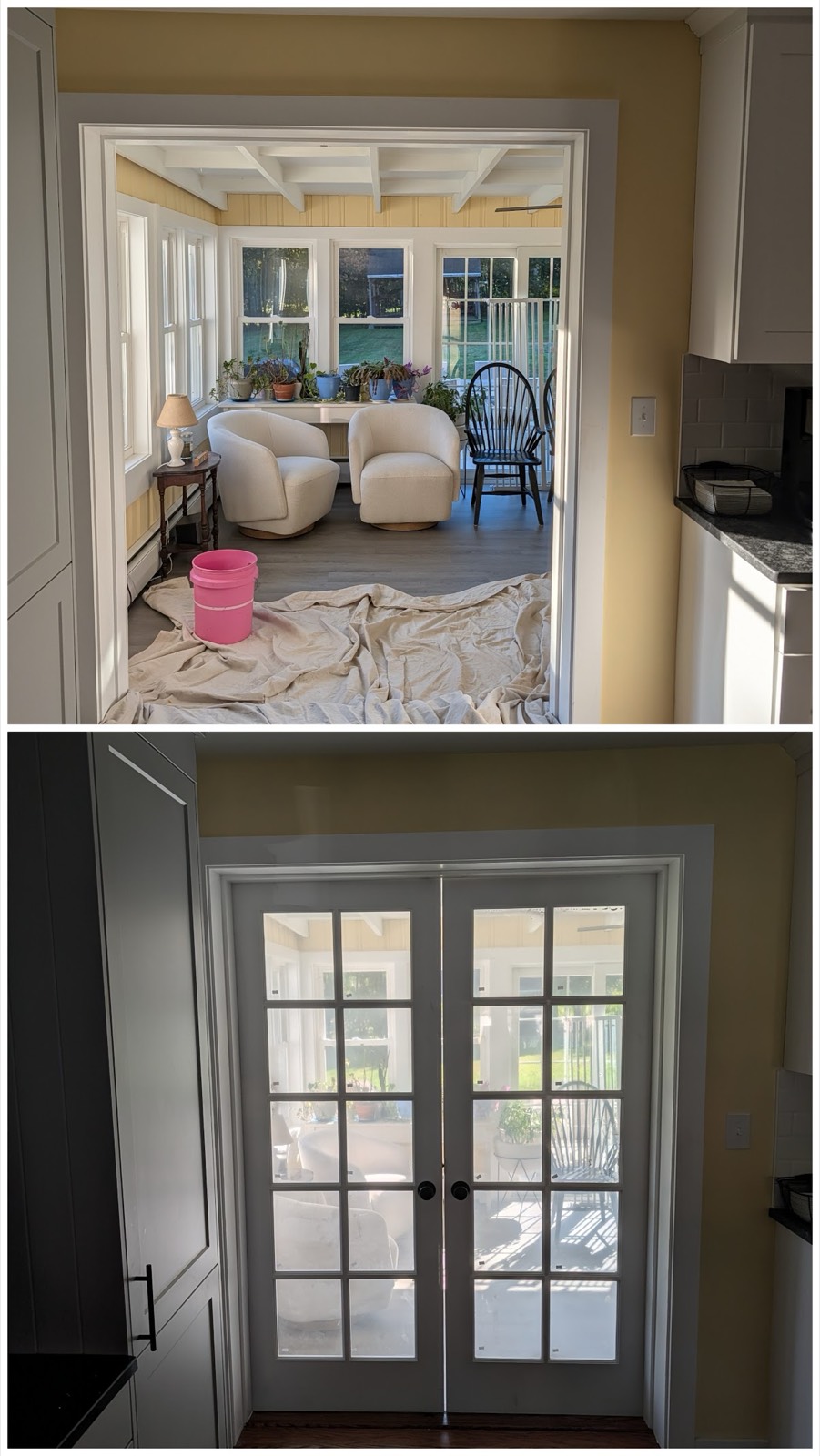 French doors to the sunroom, before & after